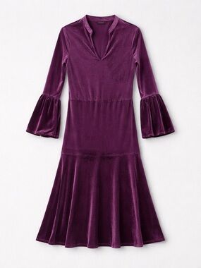 Women’s Velvet Purple Bell-Sleeve Midi Dress Belted Size L